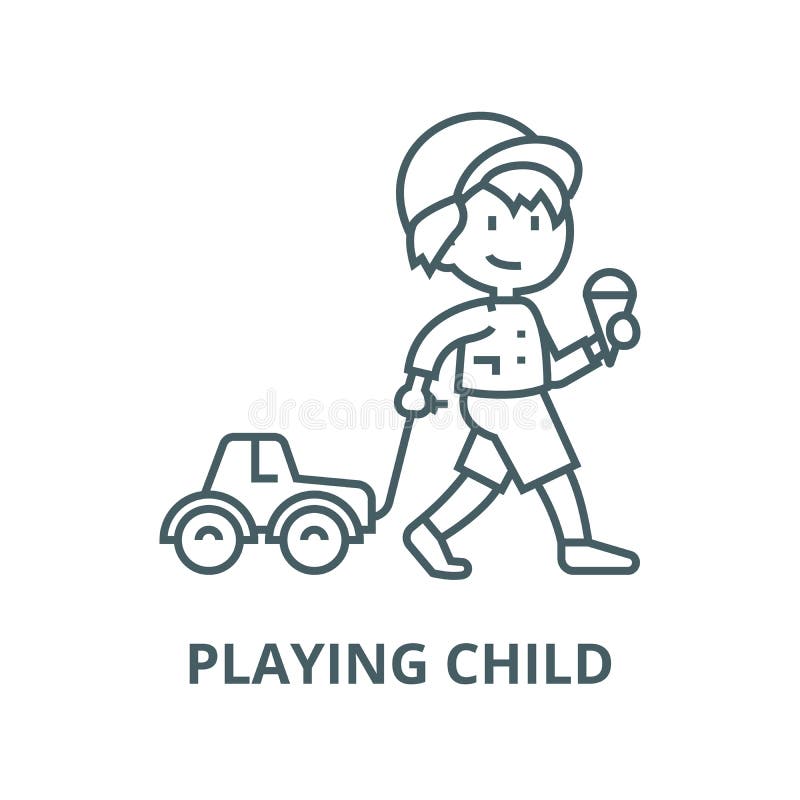 Child with ice cream and car toy on rope  line icon, vector. Child with ice cream and car toy on rope  outline sign, concept symbol, illustration. Child with ice cream and car toy on rope  line icon, vector. Child with ice cream and car toy on rope  outline sign, concept symbol, illustration