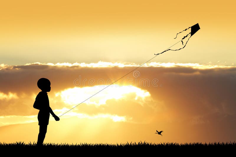 un enfant heureux lance un cerf-volant sur le terrain au coucher du soleil.  petit garçon et fille en vacances d'été 3673210 Photo de stock chez Vecteezy