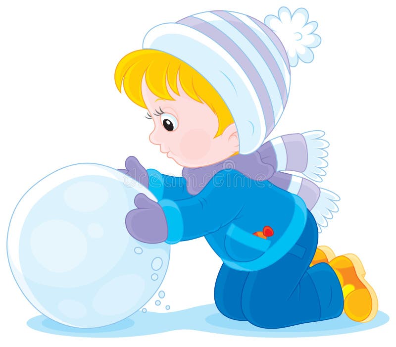 Little boy or girl made a big snowball to make a snowman. Little boy or girl made a big snowball to make a snowman