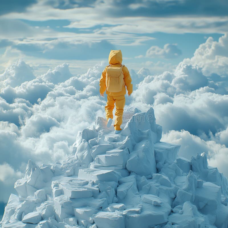 Enfant dans une veste jaune debout au sommet d'un pic enneigé parmi les nuages. Un jeune enfant portant une veste jaune vif domine sur un pic enneigé en contemplant le paysage nuageux qui les entoure. ai généré