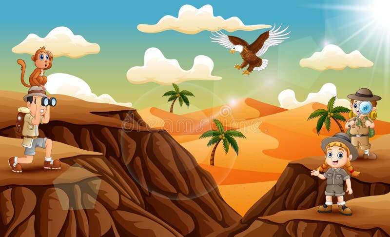 Illustration fo Three explorer kid in the desert. Illustration fo Three explorer kid in the desert