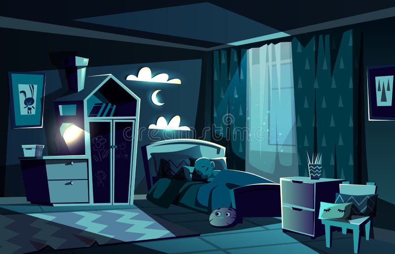 Lit by moonlight children room with little boy slipping in cosy bed with nightlight lamp on cartoon vector illustration. Children bedroom at moonlit night. Child sweet dreams and healthy sleep concept. Lit by moonlight children room with little boy slipping in cosy bed with nightlight lamp on cartoon vector illustration. Children bedroom at moonlit night. Child sweet dreams and healthy sleep concept