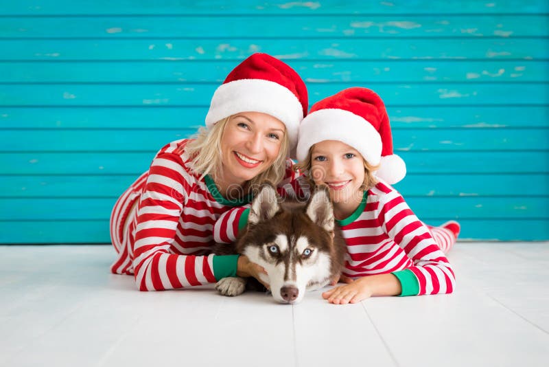 Enfant et chien heureux le réveillon de Noël photographie stock Enfant et chien heureux le réveillon de Noël photographie stock