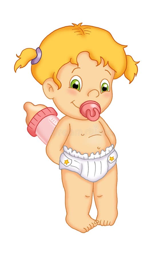 Illustration of a female child that has the baby bottle behind the back. Illustration of a female child that has the baby bottle behind the back