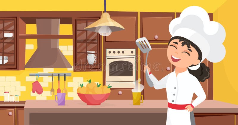 Enfant mignon heureux de nourriture de cuisinier de chef d'enfants dans le tablier de cuisson préparant le repas dans l'intérieur