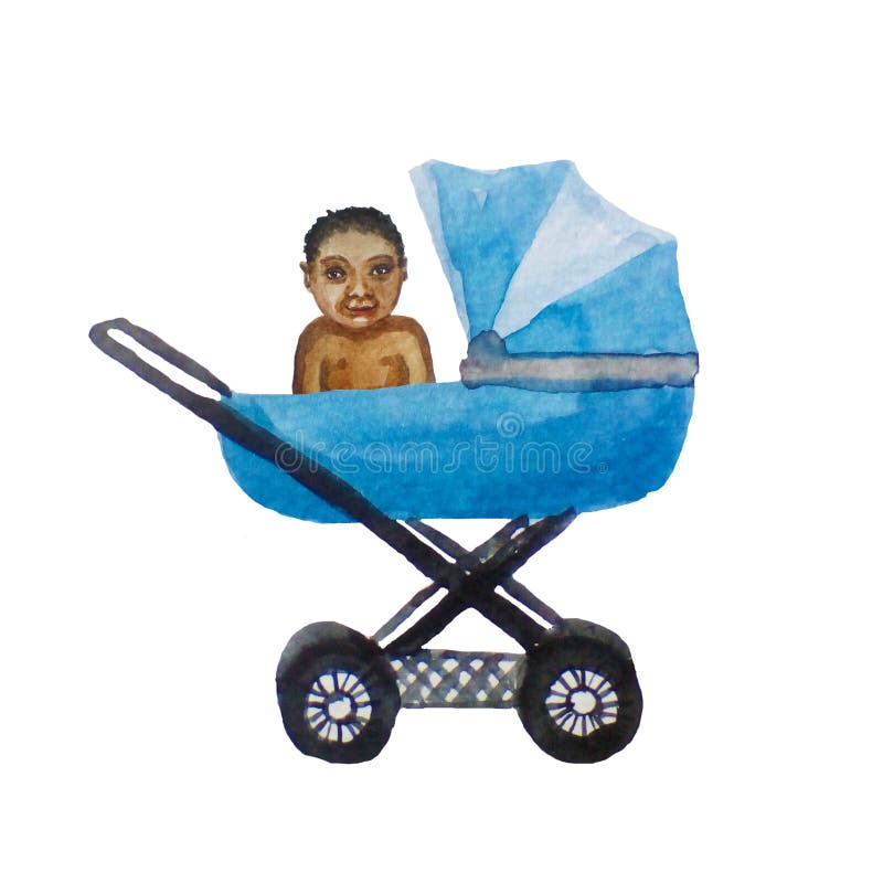 Enfant noir dans la poussette bleue pour un bébé nouveau-né, illustration d'aquarelle sur le blanc illustration de vecteur Enfant noir dans la poussette bleue pour un bébé nouveau-né, illustration d'aquarelle sur le blanc illustration de vecteur