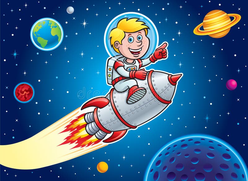 Enfant Heureux Explorant Dans L'espace Rocket Illustration de