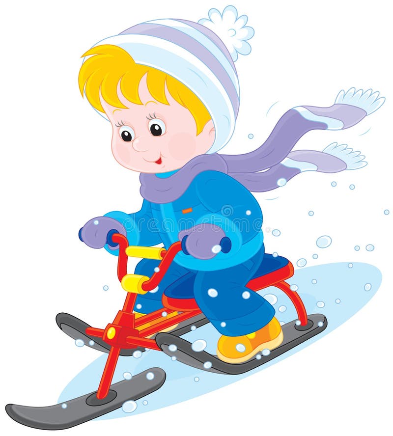 Little boy or girl sitting on a snow scooter and sliding down. Little boy or girl sitting on a snow scooter and sliding down