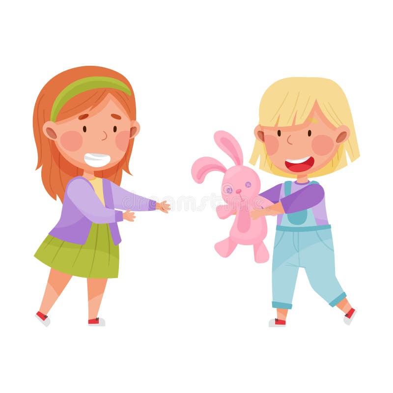 Friendly Kids Playing Together and Sharing Toy Hare Vector Illustration. Cheerful Girls Engaged in Mutual Outdoor or Indoor Activity. Friendly Kids Playing Together and Sharing Toy Hare Vector Illustration. Cheerful Girls Engaged in Mutual Outdoor or Indoor Activity
