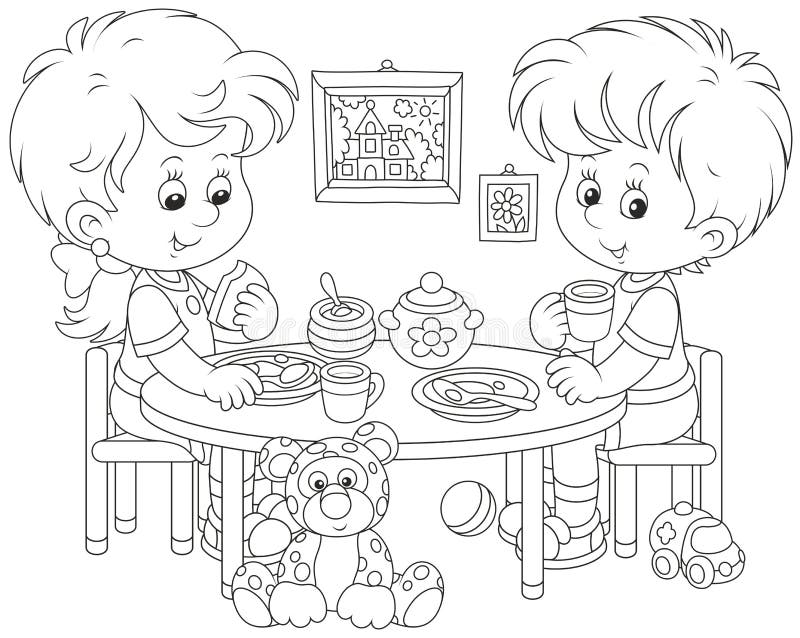 A little girl and a boy sitting at their table and eating porridge and drinking tea in a nursery, a black and white vector illustration in funny cartoon style for a coloring book. A little girl and a boy sitting at their table and eating porridge and drinking tea in a nursery, a black and white vector illustration in funny cartoon style for a coloring book