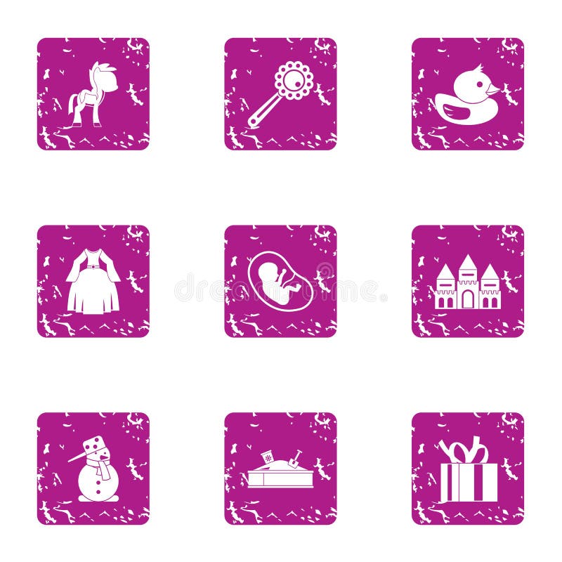 Enfants commençant des icônes réglées, style grunge illustration stock Enfants commençant des icônes réglées, style grunge illustration stock