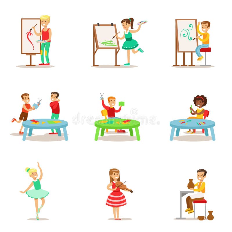 Enfants créatifs pratiquant différents arts et métiers en ensemble d'Art Class And By Themselves d'enfants et de créativité orien illustration libre de droits Enfants créatifs pratiquant différents arts et métiers en ensemble d'Art Class And By Themselves d'enfants et de créativité orien illustration libre de droits