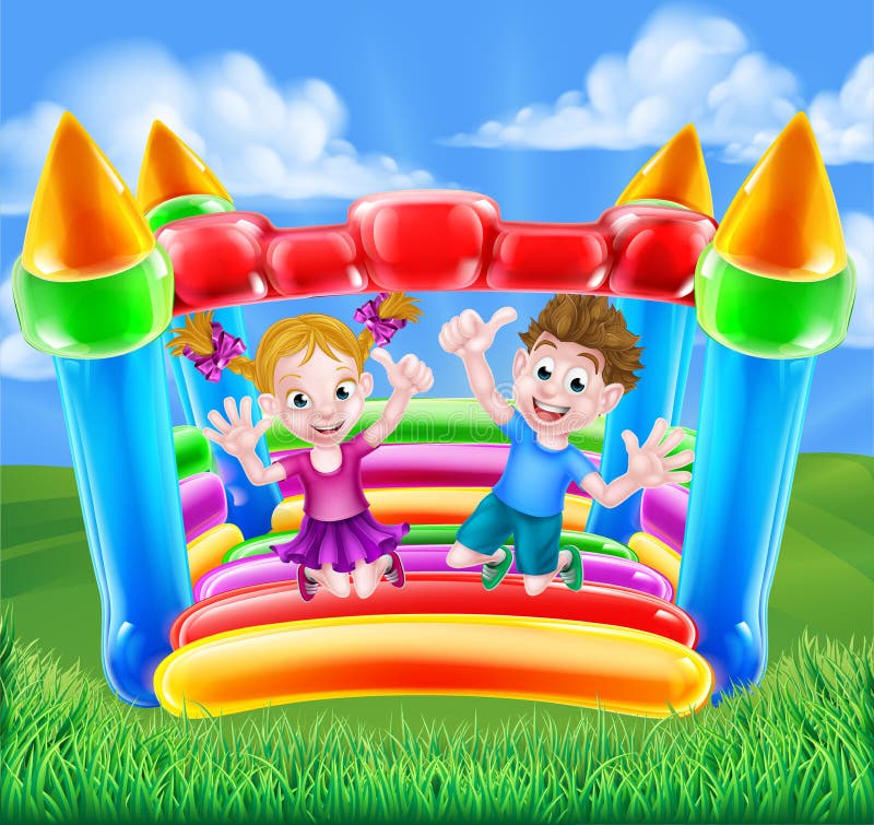 Enfants de bande dessinée sur le château plein d'entrain illustration stock Enfants de bande dessinée sur le château plein d'entrain illustration stock
