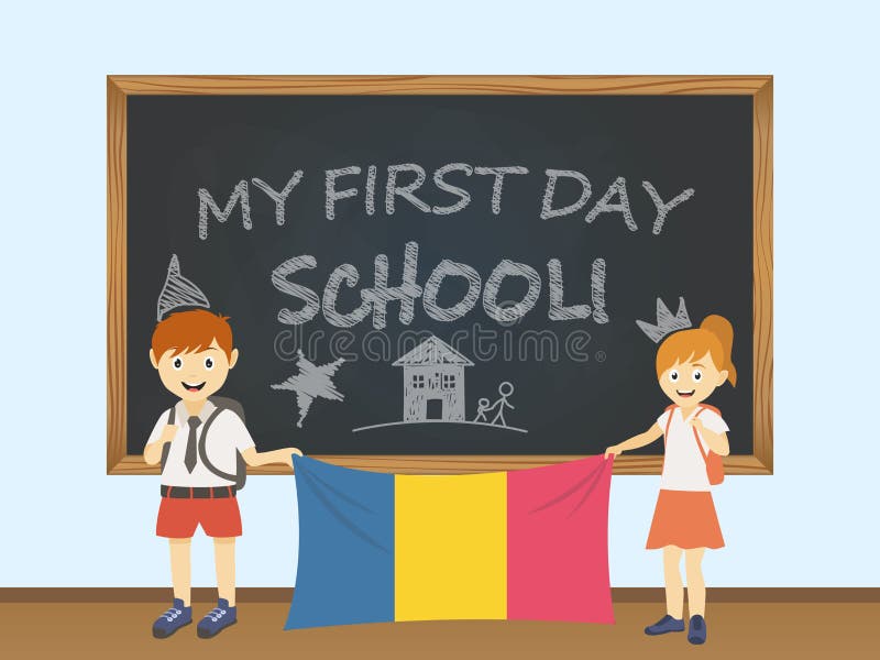 Enfants de sourire colorés, garçon et fille, tenant un drapeau national de la Roumanie derrière une illustration de conseil pédag illustration stock Enfants de sourire colorés, garçon et fille, tenant un drapeau national de la Roumanie derrière une illustration de conseil pédag illustration stock