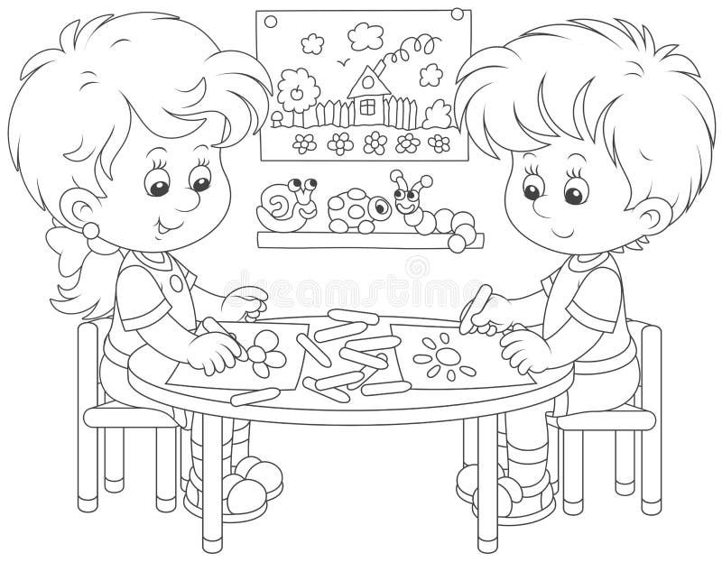 A little girl and a boy sitting at their table and making images of a sun and a flower with crayons, a black and white vector illustration in cartoon style for a coloring book. A little girl and a boy sitting at their table and making images of a sun and a flower with crayons, a black and white vector illustration in cartoon style for a coloring book