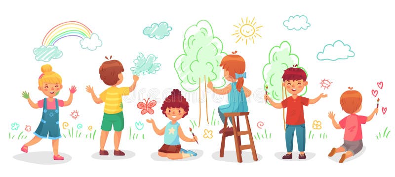 Enfants dessinant sur le mur Peintures de couleur d'aspiration du groupe des enfants sur des murs, illustration de vecteur de ban illustration stock Enfants dessinant sur le mur Peintures de couleur d'aspiration du groupe des enfants sur des murs, illustration de vecteur de ban illustration stock