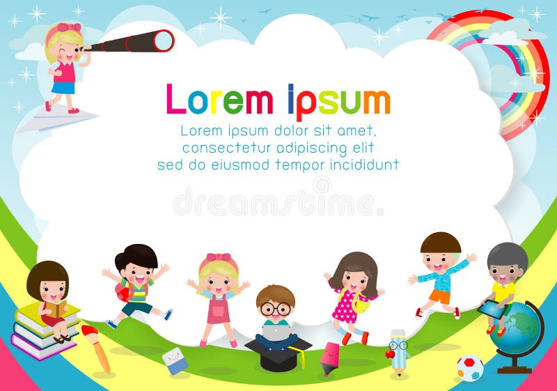 Enfants heureux, de nouveau à l'école, calibre pour la brochure de publicité Préparez pour votre message, caractère drôle d'enfan illustration libre de droits Enfants heureux, de nouveau à l'école, calibre pour la brochure de publicité Préparez pour votre message, caractère drôle d'enfan illustration libre de droits