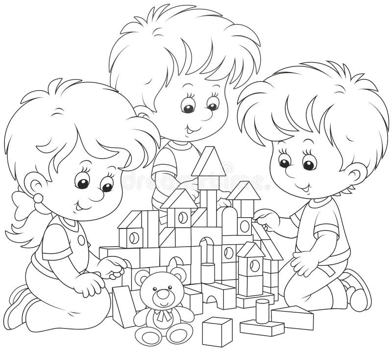 Black and white vector illustration of a small girl and boys building a toy castle with bricks. Black and white vector illustration of a small girl and boys building a toy castle with bricks