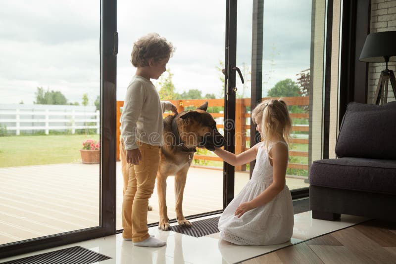 Enfants jouant avec le grand chien de berger allemand venant à l'intérieur de la maison