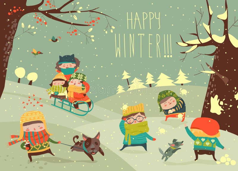 Enfants mignons jouant des jeux d'hiver illustration stock Enfants mignons jouant des jeux d'hiver illustration stock