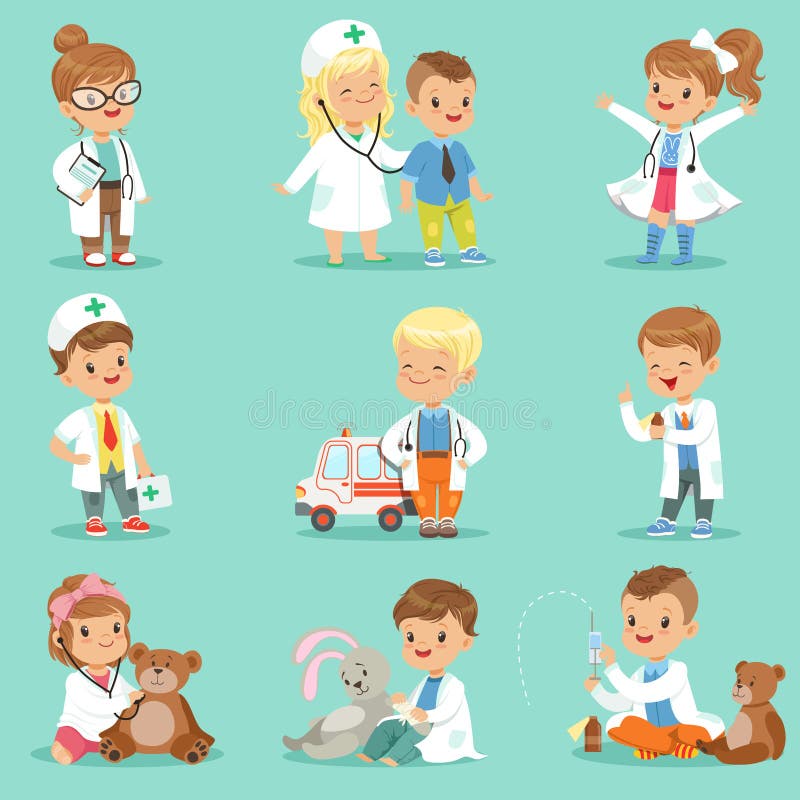 Enfants mignons jouant l'ensemble de docteur Petits garçons et filles de sourire habillés illustration libre de droits Enfants mignons jouant l'ensemble de docteur Petits garçons et filles de sourire habillés illustration libre de droits