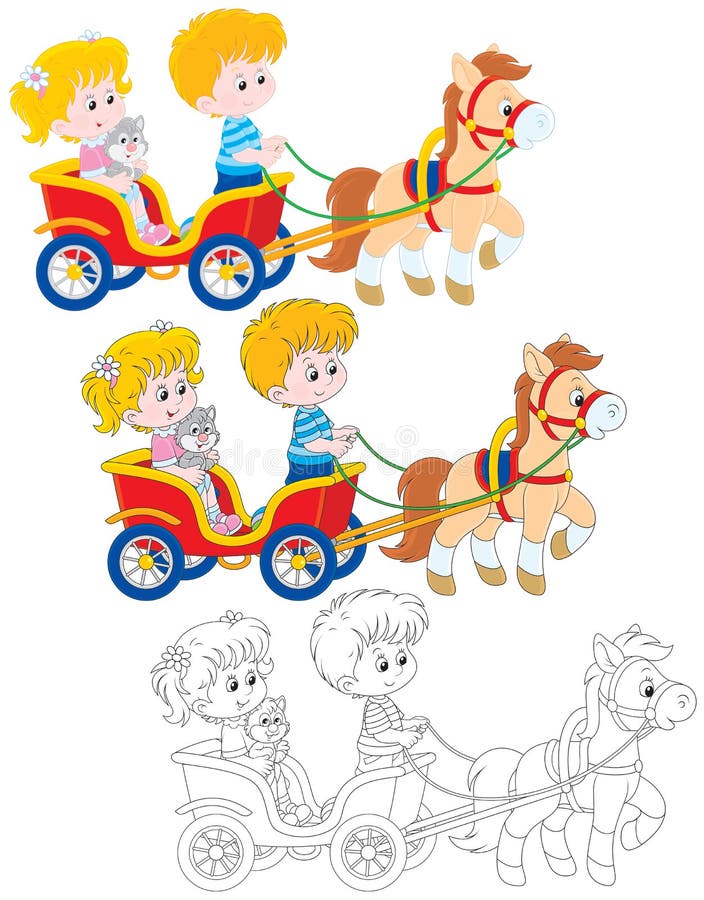 Little girl and boy ride a pony carriage, three versions of the illustration. Little girl and boy ride a pony carriage, three versions of the illustration