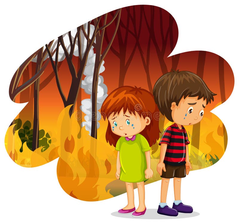 Enfants pleurant chez Forest Wildfire Disaster illustration libre de droits Enfants pleurant chez Forest Wildfire Disaster illustration libre de droits