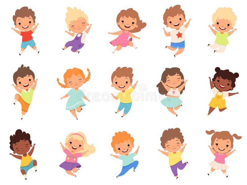 Enfants sautants Les enfants drôles heureux jouant et sautant dans l'action différente pose de petits caractères de vecteur d'équ