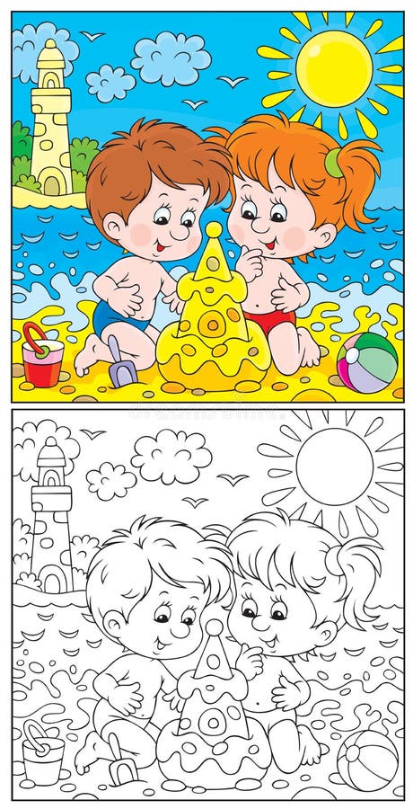 Girl and boy building a sand castle on a beach, color and black-and-white outline illustrations. Girl and boy building a sand castle on a beach, color and black-and-white outline illustrations