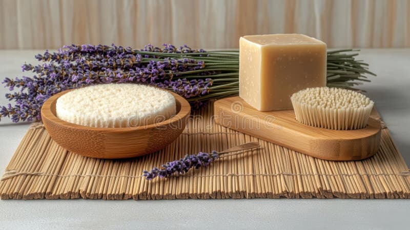 Enfermedades naturales de spa con cepillo de baño de madera lavanda y jabón en la alfombra de bambú para una relajante experiencia foto de archivo libre de regalías