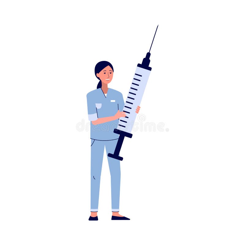Médico ou enfermeiro personagem em White Robe Stand com seringa em caixa  enorme com ferramentas médicas.