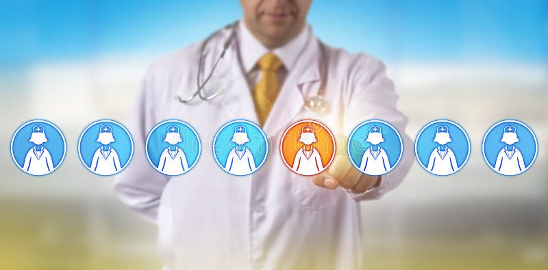 Unrecognizable health care service provider is selecting one female nurse icon in a lineup of eight. Healthcare concept for medical recruitment, staffing, talent acquisition and human resources. Unrecognizable health care service provider is selecting one female nurse icon in a lineup of eight. Healthcare concept for medical recruitment, staffing, talent acquisition and human resources.