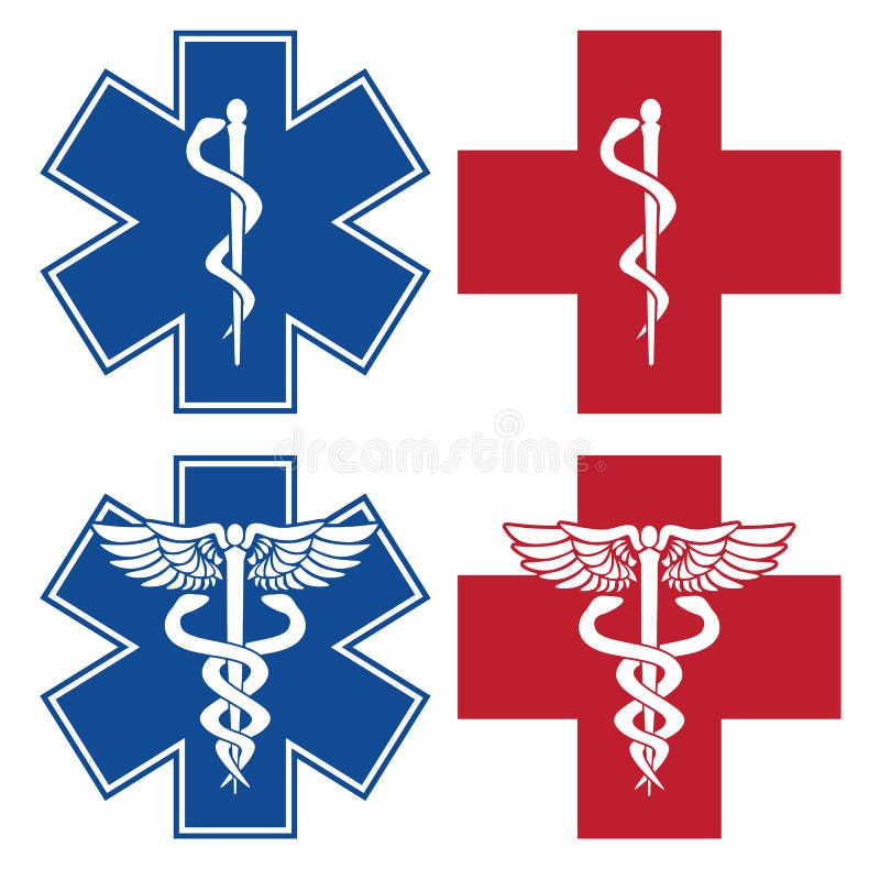 Enfermero médico de enfermería caduceus servicios médicos símbolos de la cruz roja y azul aislados ilustración vectorial