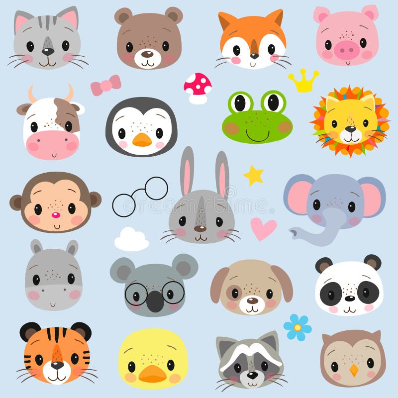 Enfrenta a los animales de dibujos animados en un fondo blanco stock de ilustración Enfrenta a los animales de dibujos animados en un fondo blanco stock de ilustración