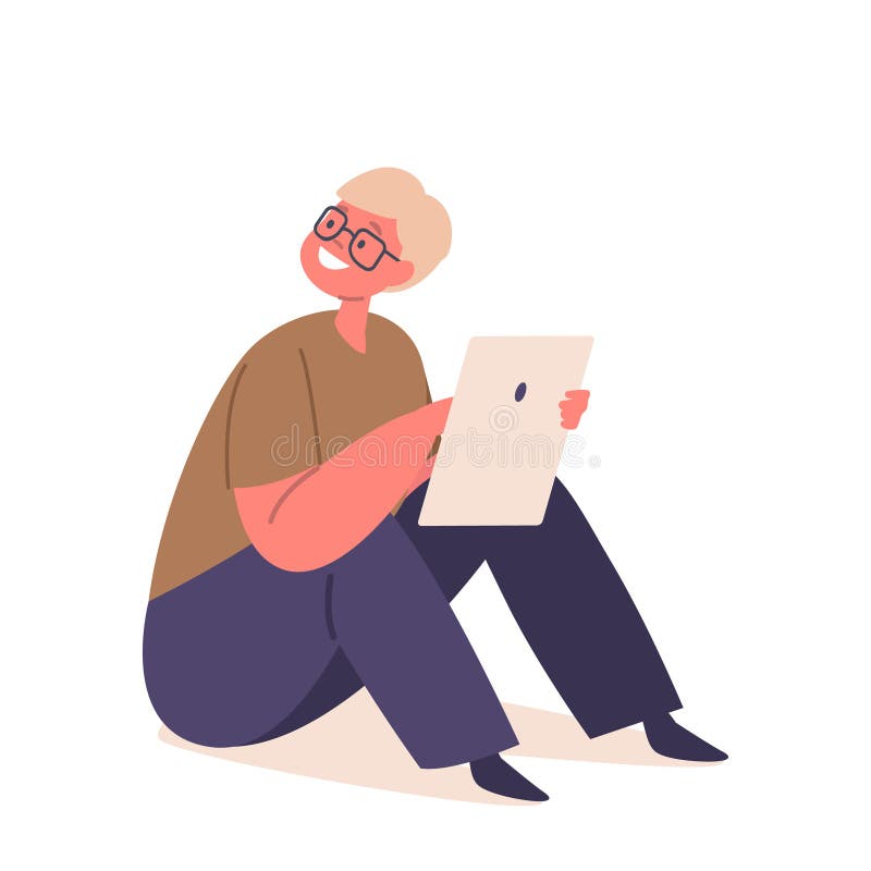 Engaged And Curious Kid Using A Tablet Pc, Exploring Digital Content, Learning And Playing Games. Little Boy stock illustration
