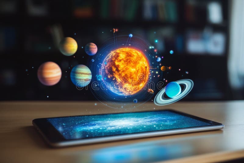 Engaging classroom experience a tablet showcases augmented reality hologram of planets and cosmos vector illustration