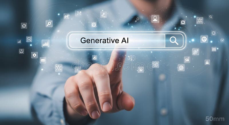 Engaging Generative AI Search: Finger Interacting with Digital Interface vector illustration