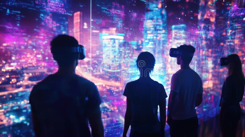 An engaging holographic city view characterized by tourists taking guided tours with augmented reality elements