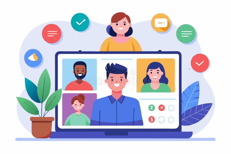 Engaging setup for an online meeting with diverse users and interactive interface elements displayed, Video Call Template, Meeting stock illustration