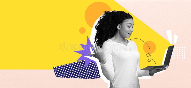 Engaging Woman Connects With Laptop in Vibrant Digital Collage Setting royalty free stock photography