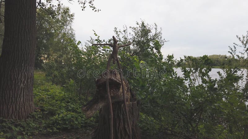Enganche de madera en forma de ídolo pagano contra el cielo y el bosque nublados