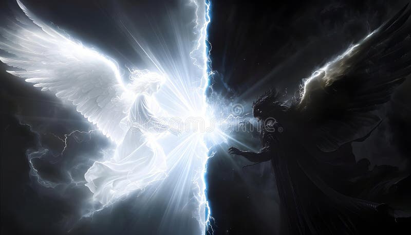 Engel und Dämonen in epischer Konfrontation Licht und dunkler Hintergrund symbolisieren Dualität stock abbildung