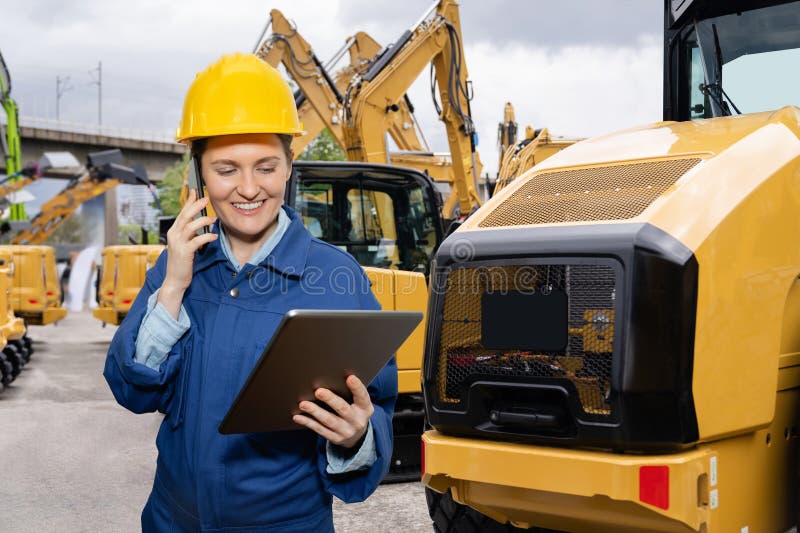 Engenheiro de capacete com tablet digital ao lado de escavadoras de construção. imagens de stock royalty free