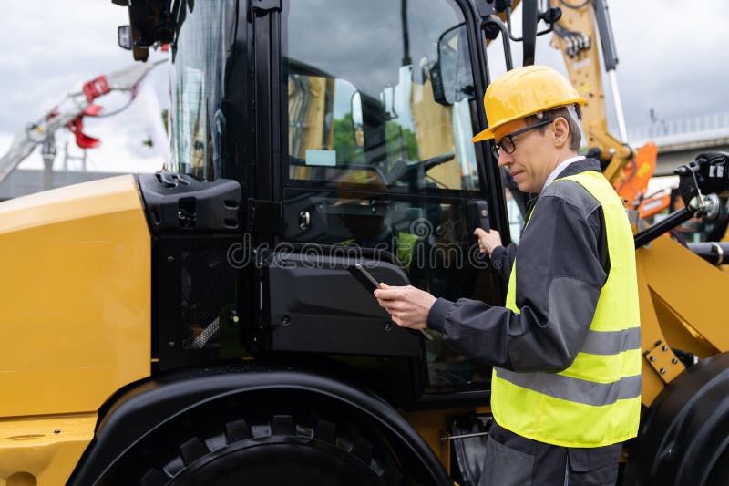 Engenheiro de capacete com tablet digital ao lado de escavadoras de construção. imagem de stock