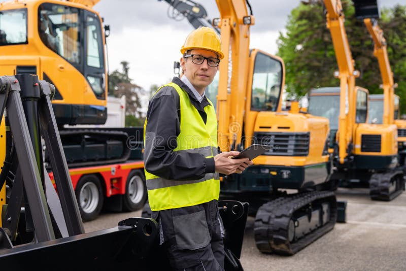 Engenheiro de capacete com tablet digital ao lado de escavadoras de construção. imagem de stock