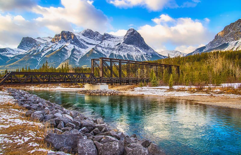 Engine Bridge Over the Bow River in a Canmore Park Stock Image Image