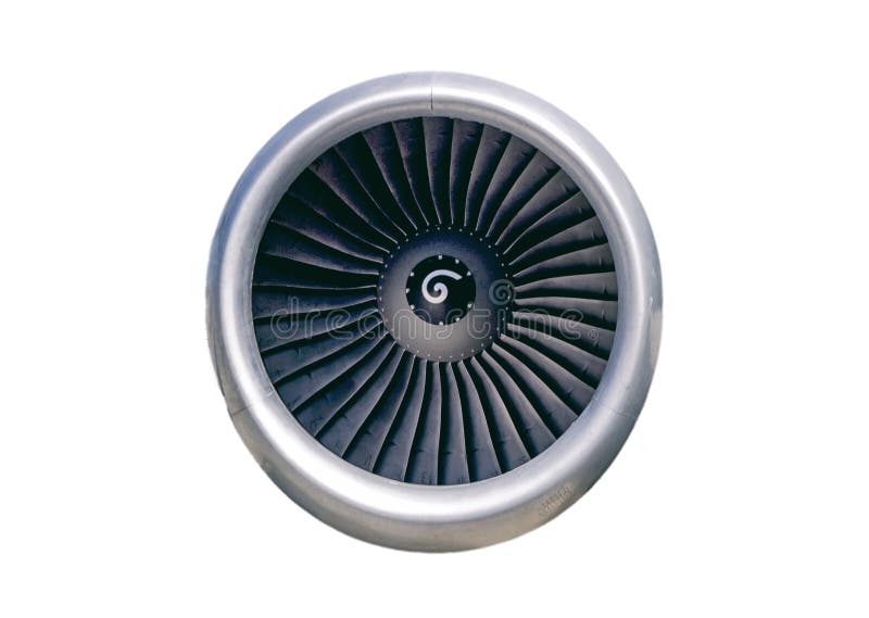 Engine of modern passenger jet airplane. Rotating fan and Isolatred on white background