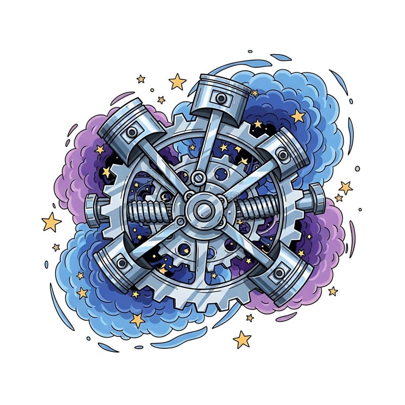 Engine Power: Pistons and Gears in Space Nebula Illustration stock illustration