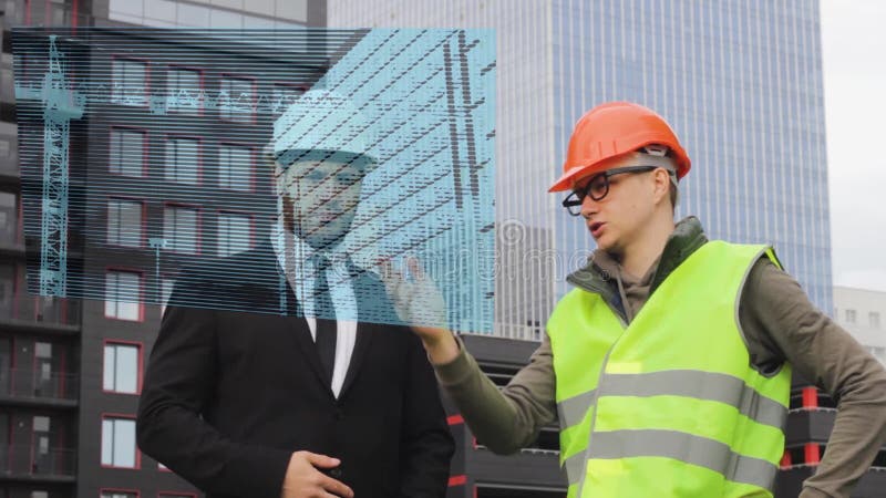 Engineer and builder hologram discuss drawing new technologies virtual  business