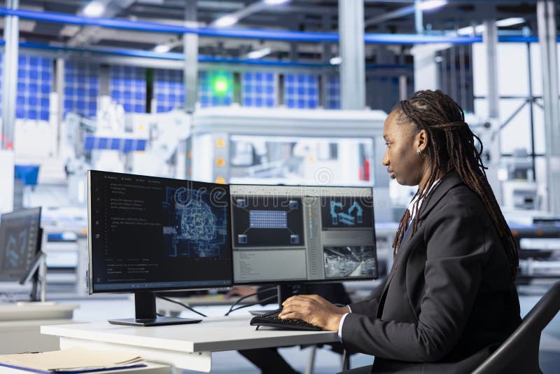 Engineer coding in solar panel plant, using artificial intelligence to automate stock photography